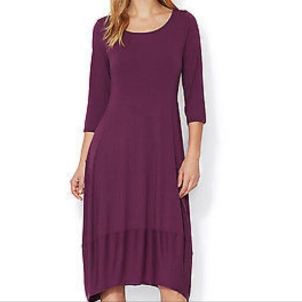 Eileen Fisher Women's Size Large Purple Knit 3/4 Sleeve Bubble Hem Maxie Dress